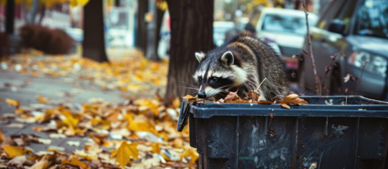 Raccoon rummaging through a trash bin.